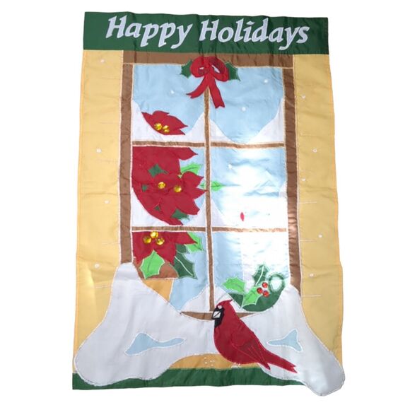 Embroidered Happy Holidays Flag Double Side 29.5"x43.5" Winter Window Snow Holly - Picture 8 of 13